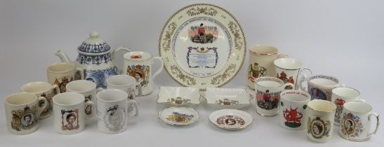 A collection of Royal Commemorative Coronation printed ceramic cups, mugs, saucers and silver plated