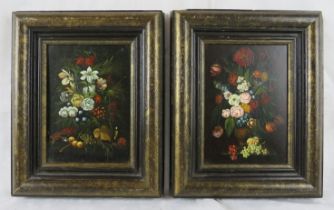 A pair of framed 20th century oils on board, Dutch style, 'Still life flowers', unsigned. 17cm x