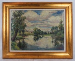 F Bontempl - A framed oil on board, 'Country landscape scene with lake in the foreground', signed