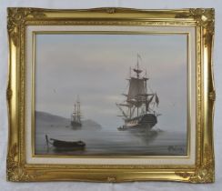 Donald MacLeod (B. 1956) St. Ives School - A framed oil on canvas, 'Galleon and other vessels in