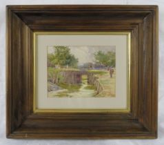 George Hodgson (1847-1921) - A framed & glazed watercolour, 'Figures by a country river', signed