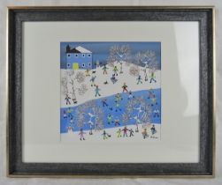 Gordon Barker (British) - A framed & glazed acrylic on paper, 'Snow day fun', signed lower right G