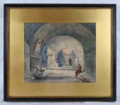 A framed & glazed watercolour, 'Study of monks in a monastery', signed mono EB & dated 1892. 25cm