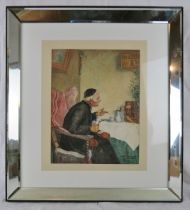 Hans W Schwaben - 19th/20th century clergy seated talking to a feathered bird on his table, signed