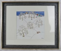 Gordon Barker (British) - A framed & glazed acrylic on paper, 'People walking in the snow being