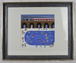 Gordon Barker (British) - A framed & glazed acrylic on paper, 'Ice skating by the steam train,