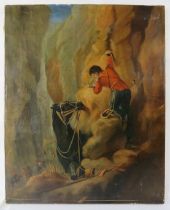 A late 19th century unframed oil on canvas, 'Officer with his horse escaping from the enemy',