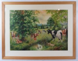 Clifford S Perry - A framed & glazed watercolour, 'Country scene with cattle by a duck pond', signed