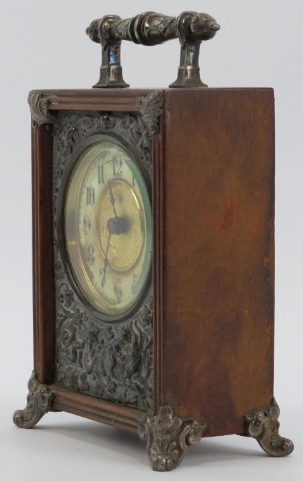 A Victorian oak mantle clock, circa 1889. Design reg: 134844. With silver plated handle, embossed - Image 5 of 5