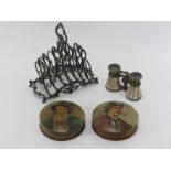 A Victorian Sheffield plate toast rack, a pair of mother of pearl opera glasses and two snuff