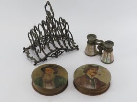 A Victorian Sheffield plate toast rack, a pair of mother of pearl opera glasses and two snuff