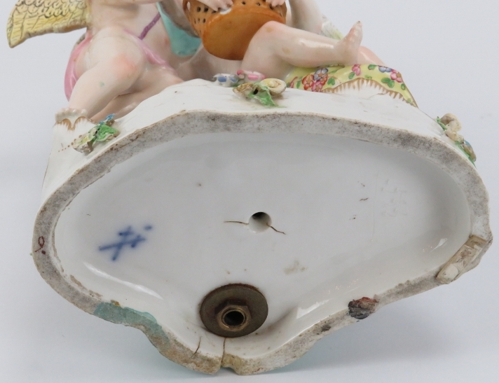 A Meissen style porcelain table lamp base, 19th century. Modelled with two cherubs holding a - Image 3 of 3