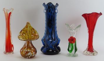A group of five Murano/Bohemian glass vases, mid/late 20th century. (5 items) 31.5 cm tallest heigh