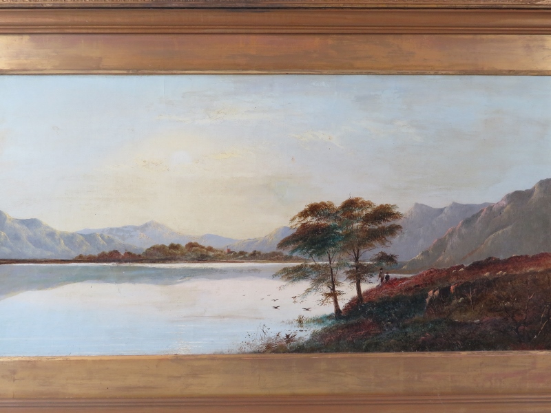 Charles Leslie (1835-1890) - A framed oil on canvas, 'Lake scene with hills beyond with man and - Image 2 of 7