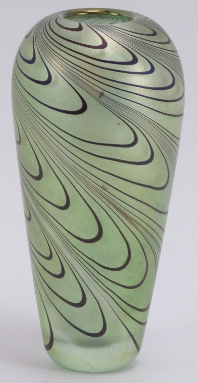 A Glasform iridescent green glass vase. Probably by John Ditchfield (unsigned). Inscribed ‘Glassform - Image 2 of 4
