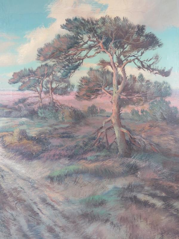 A framed oil on canvas 20th century, 'Landscape scene with moorland', signed indistinctly and - Image 4 of 7