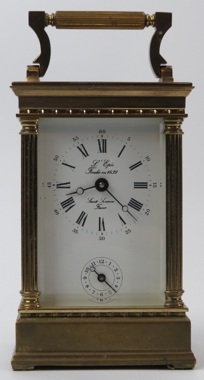 A French L'Epee brass carriage clock, 20th century. Frame with corner columns, dial signed ‘L’Epee