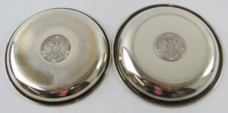 Two German silver dishes with inset three Mark coins and beaded rims. Largest 12.5cm diameter. - Image 3 of 4