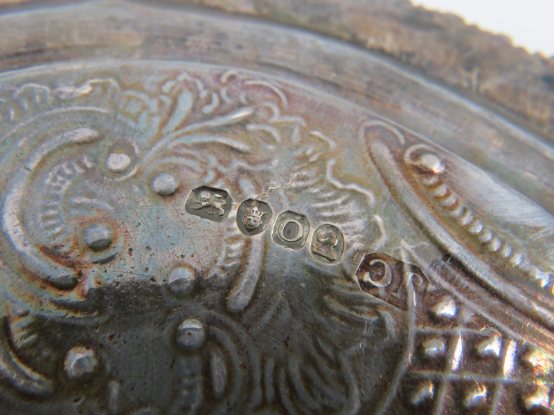 An ornate George III oval silver salver standing on four foliate feet and having a gadrooned, - Image 4 of 4