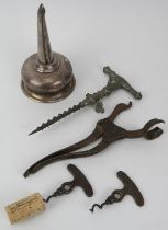 A Lund corkscrew lever, three corkscrews and a plated silver wine funnel. (5 items) Funnel: 15.5