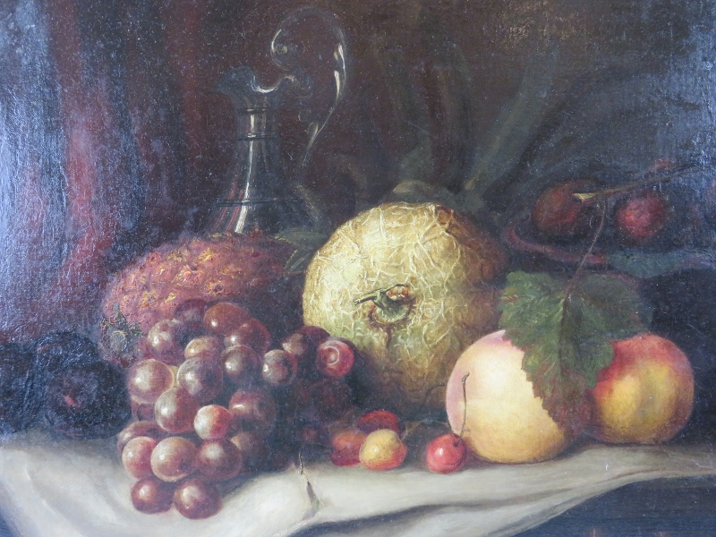 A framed oil on canvas, 'still life fruit on a table', beautifully painted. 36cm x 48cm (14" x - Image 2 of 6