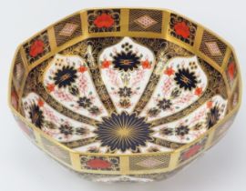 A Crown Derby porcelain Imari pattern bowl. Of octagonal form. Numbered 1128 with factory marks
