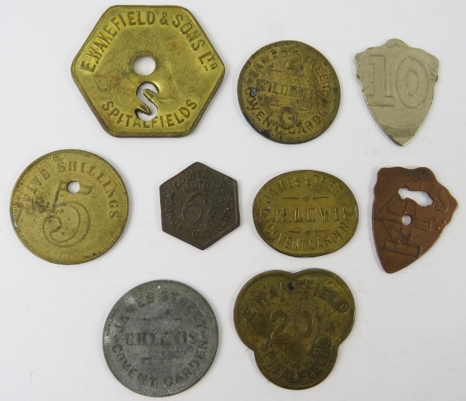 Five mixed Covent Garden Market trade tokens and four Spitalfields Market trade tokens. Various - Image 2 of 2