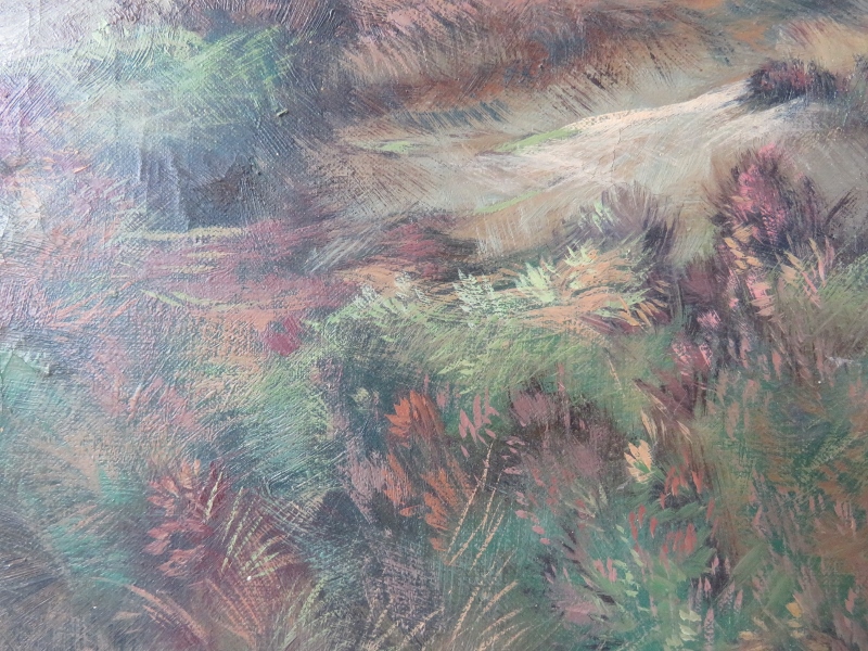 A framed oil on canvas 20th century, 'Landscape scene with moorland', signed indistinctly and - Image 5 of 7