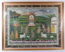 A large framed and glazed Indian watercolour on paper, 'Figures and animals in a garden wearing