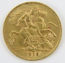 A George V 1912 gold half sovereign coin.