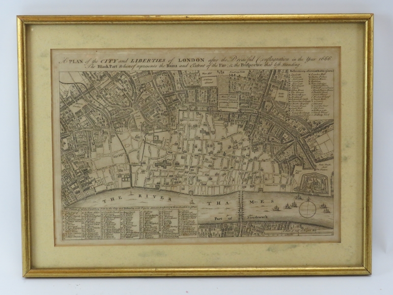 An engraved map illustrating the ruins and extent of the Great Fire of London, late 18th century.