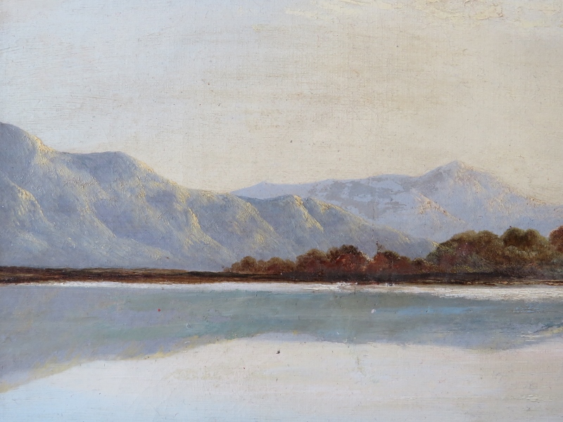 Charles Leslie (1835-1890) - A framed oil on canvas, 'Lake scene with hills beyond with man and - Image 5 of 7