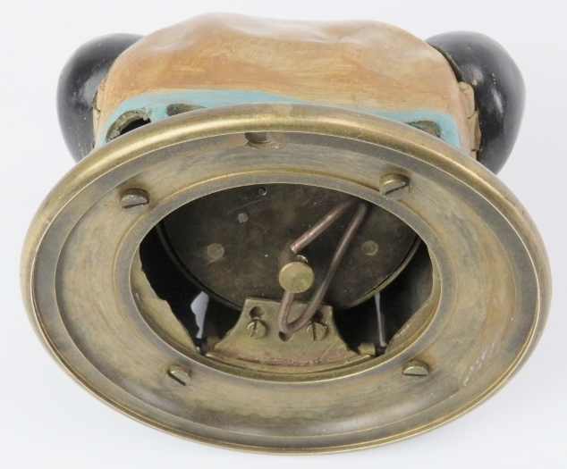 A vintage cold painted brass bulldog reception desk bell. Modelled with glass eyes, mechanical - Image 3 of 4