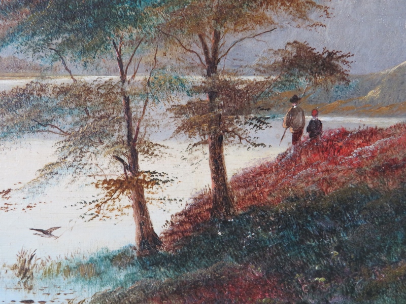 Charles Leslie (1835-1890) - A framed oil on canvas, 'Lake scene with hills beyond with man and - Image 4 of 7