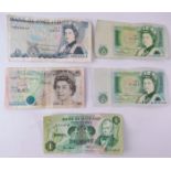 Five obsolete British decimal paper banknotes including a G M Gill £5 note with watermark error