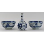 A Chinese blue and white porcelain vase and two bowls, 19th century. (3 items) Vase: 13.3 cm height.