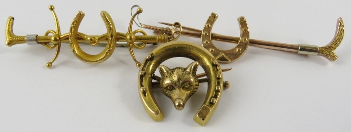 Equestrian interest: three stock or tie pin brooches, two styled as hunting crops and horseshoe, - Image 2 of 2