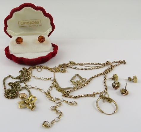 Miscellaneous yellow precious metal items, to include chains, earrings, bangle, most testing 9ct.