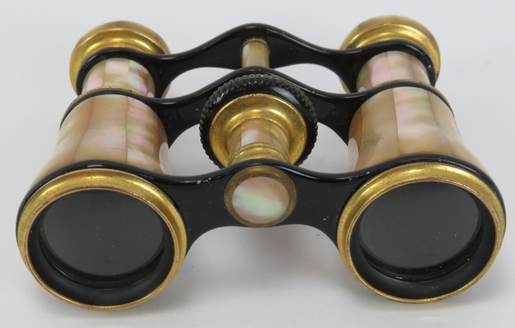 A pair of gilt and enamalled mother pearl opera glasses, 19th/early 20th century. With black leather - Image 2 of 4