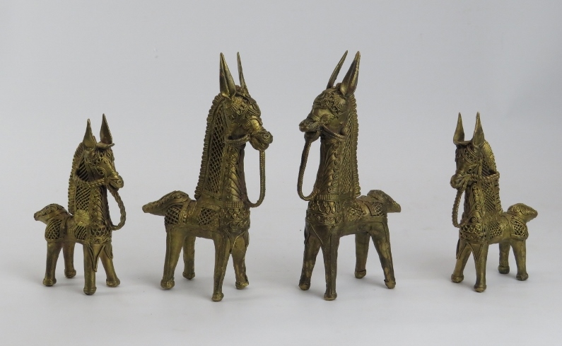 Two pairs of Indian Dhokra metalware stylised horse figures, 20th century. (4 items) cm tallest