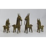 Two pairs of Indian Dhokra metalware stylised horse figures, 20th century. (4 items) cm tallest