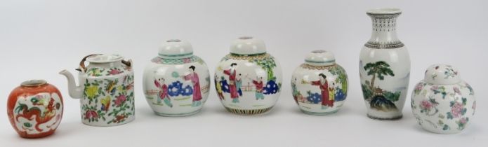 A group of Chinese porcelain ginger jars, a vase and teapot, 20th century. (8 items) Vase: 20.7 cm