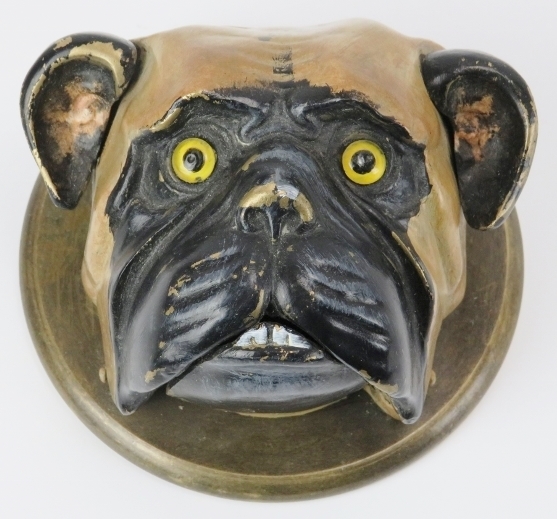 A vintage cold painted brass bulldog reception desk bell. Modelled with glass eyes, mechanical