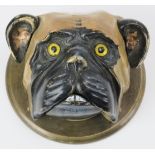 A vintage cold painted brass bulldog reception desk bell. Modelled with glass eyes, mechanical