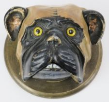 A vintage cold painted brass bulldog reception desk bell. Modelled with glass eyes, mechanical