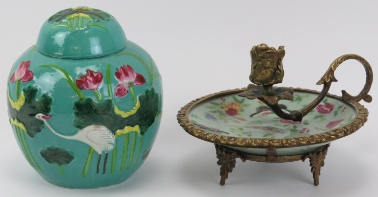 A Chinese gilt metal mounted celadon porcelain chamber stick and a ginger jar, 19th/20th century.