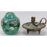 A Chinese gilt metal mounted celadon porcelain chamber stick and a ginger jar, 19th/20th century.