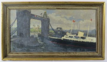 Framed oil on canvas, 'Britannia returning home with welcome home on the bridge'. Mono CRJ lower