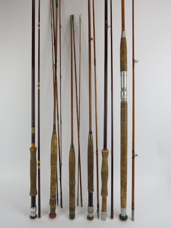 Six vintage fly fishing rods. Notable rods include ‘The Perfection’ Palakona split cane rod and a ‘