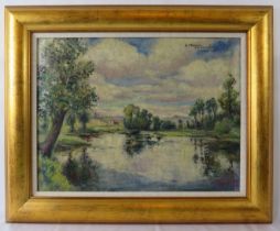 F Bontempl - A framed oil on board, 'Country landscape scene with lake in the foreground', signed